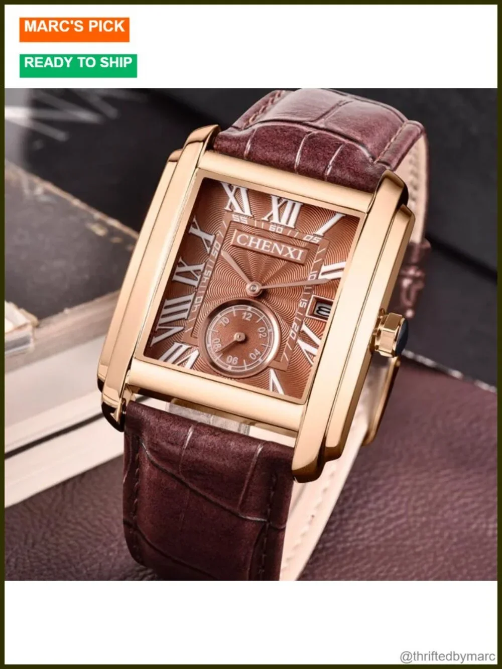 Men's Retro Rectangular Dress Watch Quartz Leather Strap Roman Numeral Calendar